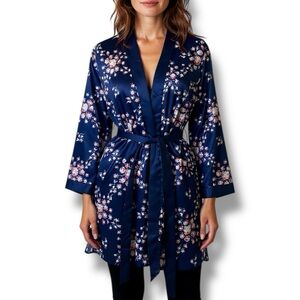 Morgan Lane x FabFitFun Satin Robe Navy Blue Kimono Wrap Lounge Robe S/M